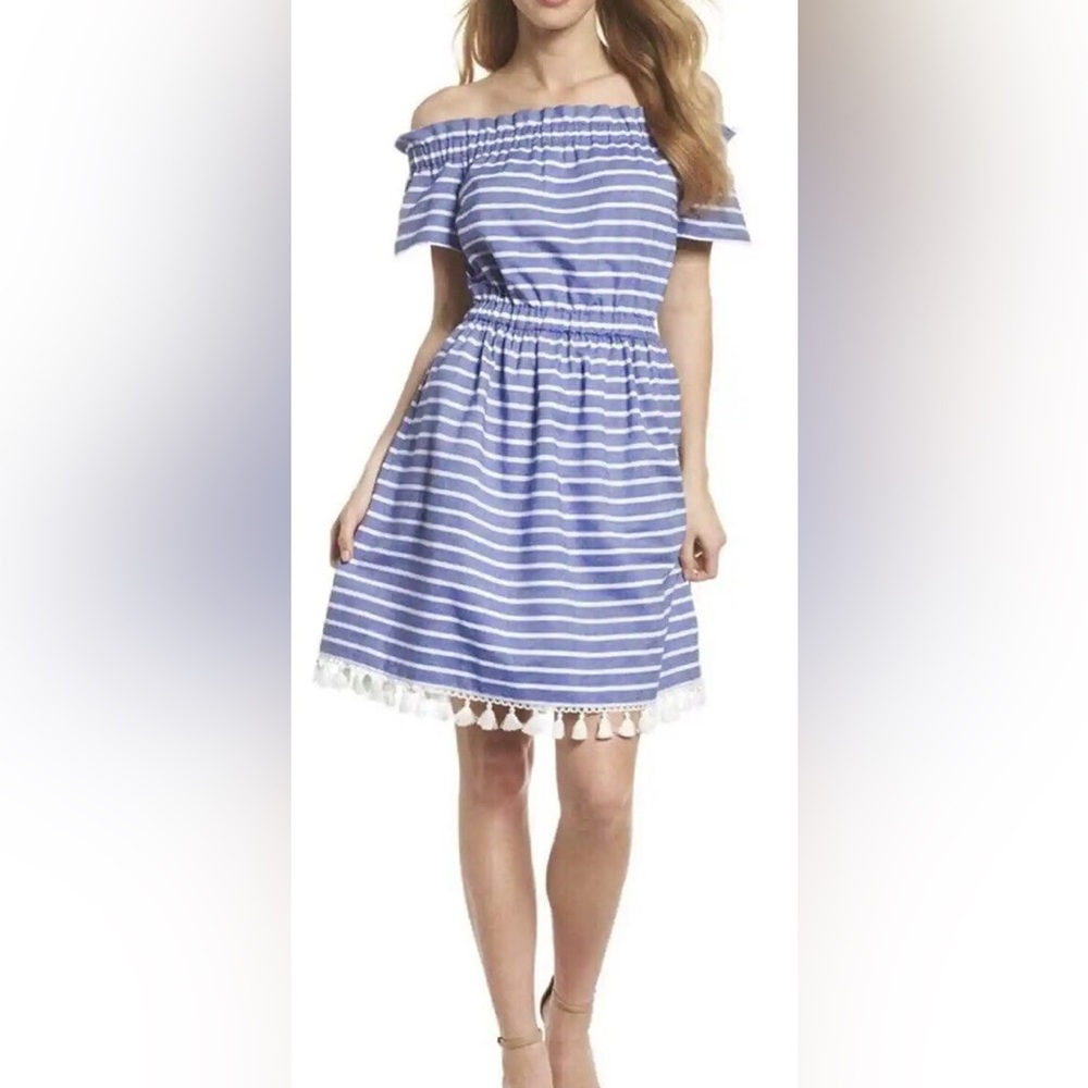 Eliza J Striped Tassel Off Shoulder Dress‎ 0P